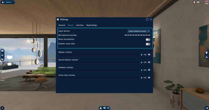 A screenshot of the Microphone settings menu in Fynd CORE. On top there is a input device dropdown for choosing your desired microphone. Under the dropdown i a preview to test you microphone sound. Then there are two toggles to mute and deafen your microphone.